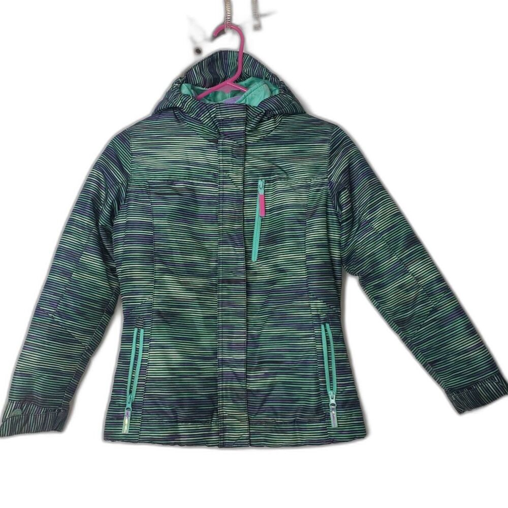 C9 Champion Waterproof Green Purple Striped Two Layer Coat Girls Size Medium 7-8